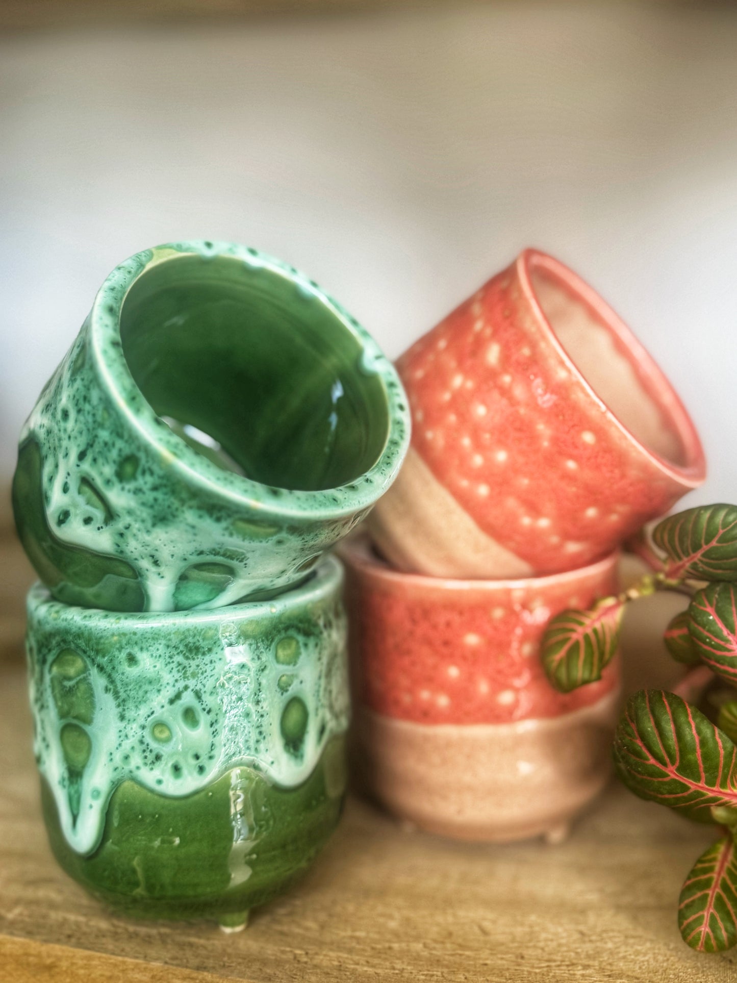 Reactive glaze Mini Planters- Emerald/Salmon