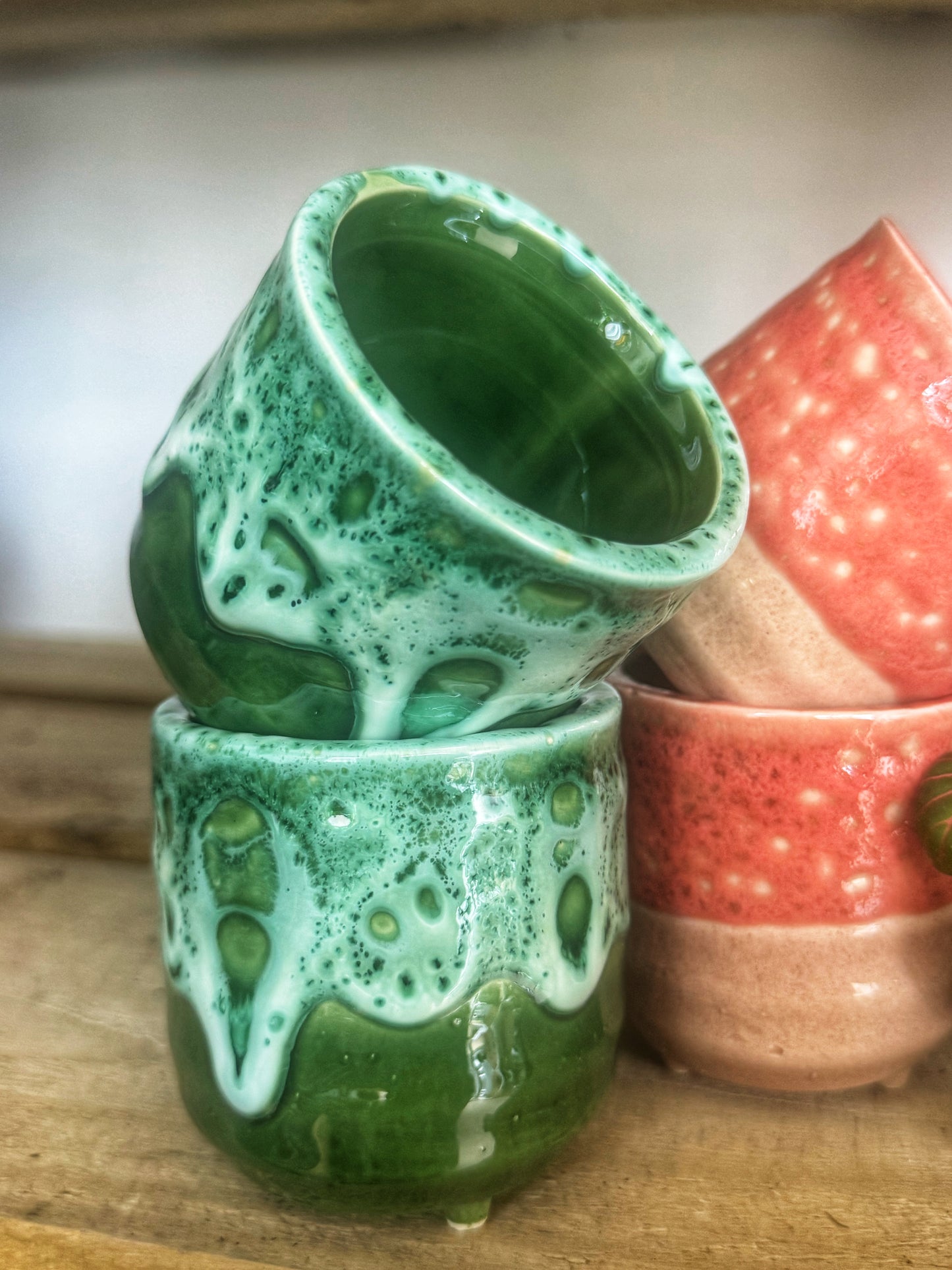 Reactive glaze Mini Planters- Emerald/Salmon