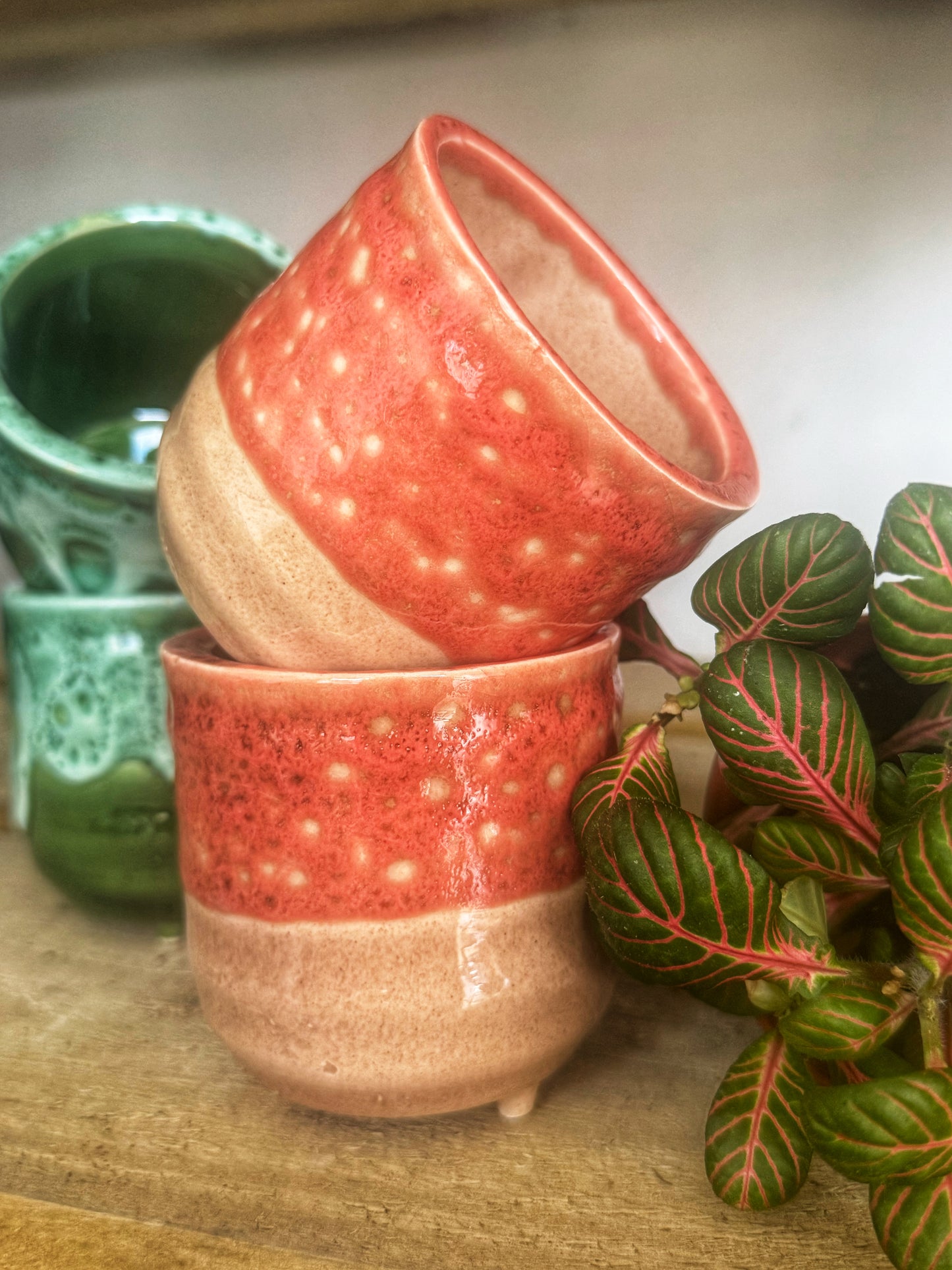 Reactive glaze Mini Planters- Emerald/Salmon