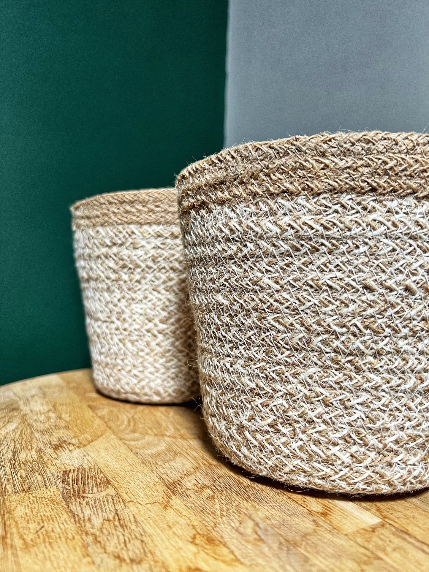 Handwoven hessian baskets