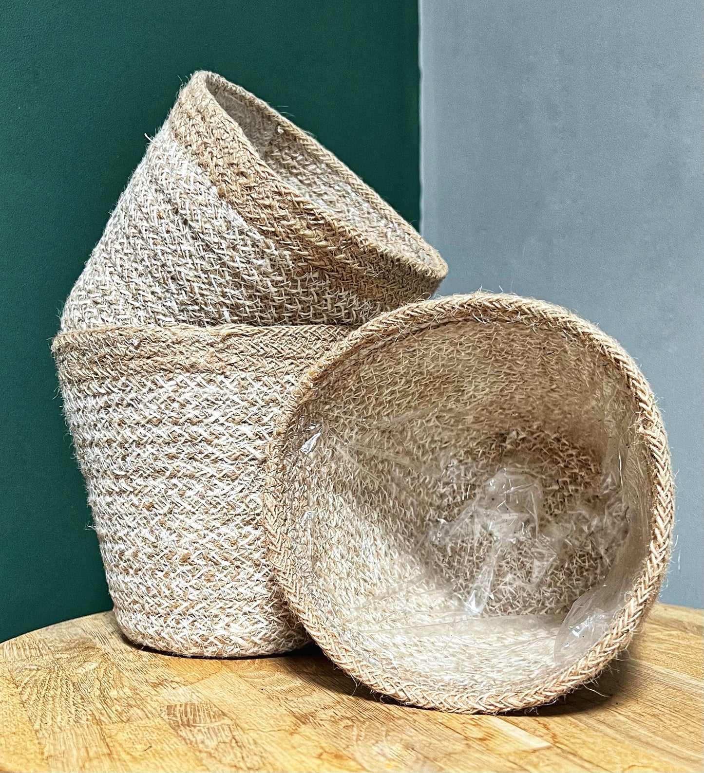 Handwoven hessian baskets